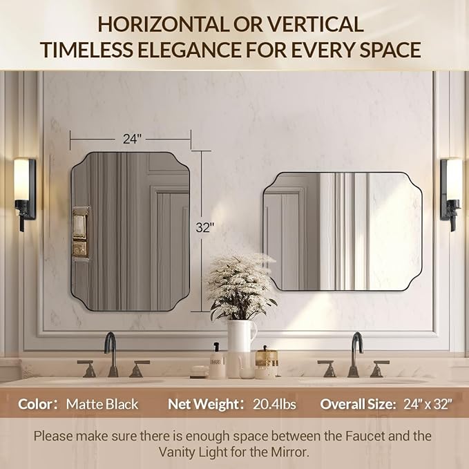 Scalloped Mirror, 24"x32" Black Mirror for Bathroom, Matte Black Mirror with Anti-Rust Metal Frame, Asymmetrical Mirrors with Wavy Edge for Powder Room, Living Room, Foyer, Master Room