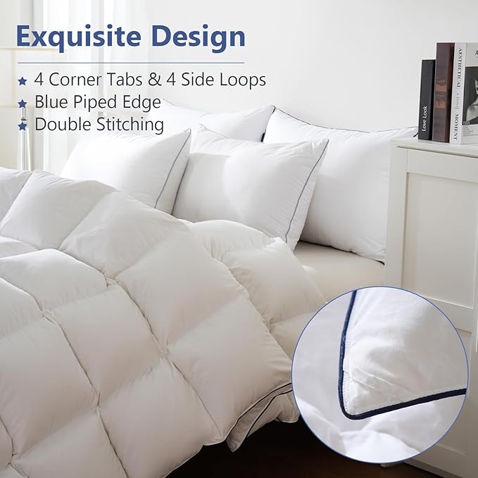 DOWNCOOL White Feather Comforter Full Size, Fluffy Duvet Insert Full with 100% Cotton Cover, All Season Luxurious Hotel Bed Comforter with Corner Tabs, 82 x 86 Inch