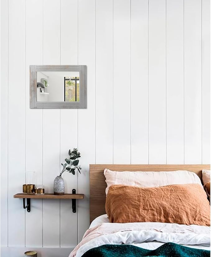 Rustic Wall Mirror Farmhouse, with Frame Wood Wall Mirror Rectangle Antique Decor Hanging Mirror for Bathroom Living Room Bedroom Entryway Small 16" x 12 "