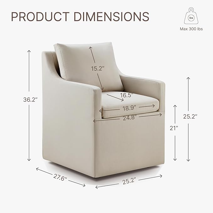 Upholstered Dining Chairs with Casters Washable Cover Side Deskchair with Rollers for Diningroom, Living Room, Flax Beige, 4 Box