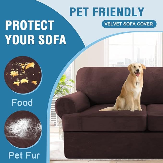 H.VERSAILTEX Sofa Cover 3 Piece T Cushion Loveseat Slipcovers Thick Velvet Couch Cover Furniture Protector Stretch T Cushion Sofa Covers for 2 Cushion Couch with 2 T Cushion Covers Washable, Brown