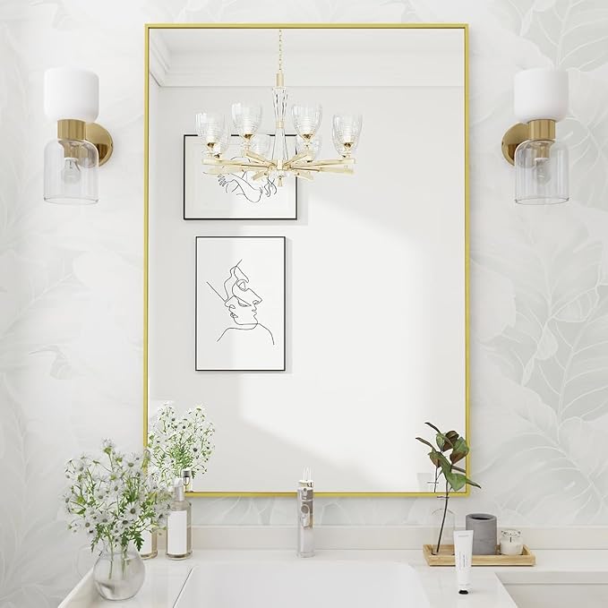 Koonmi Gold Mirrors for Wall, 30x48 Inch Bathroom Mirror, Rectangular Wall Mirror for Living Room Bedroom Bathroom, Hangs Horizontally or Vertically