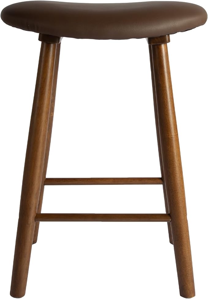 Nora 25" Upholstered Counter Stool, Solid Rubber Wood Frame, Faux Leather Cushion Seat, Comfortable Backless Bar Stool for Kitchen Island & Home Bar Seating