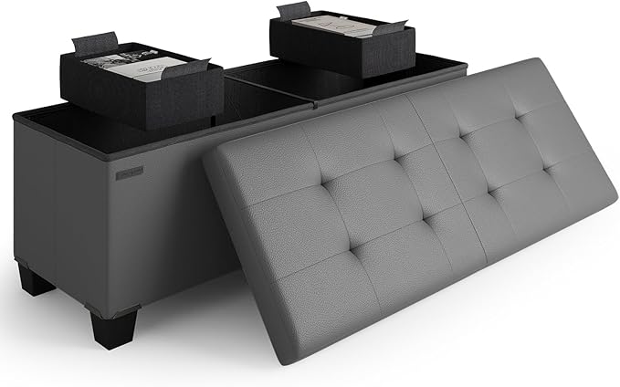 STORAGEBUD Storage Ottoman Bench with Bins, 43-in Storage Bench for Bedroom End of Bed, Folding Foot Rest Ottoman for Living Room Max 660lbs, Faux Leather Ottomans, Grey