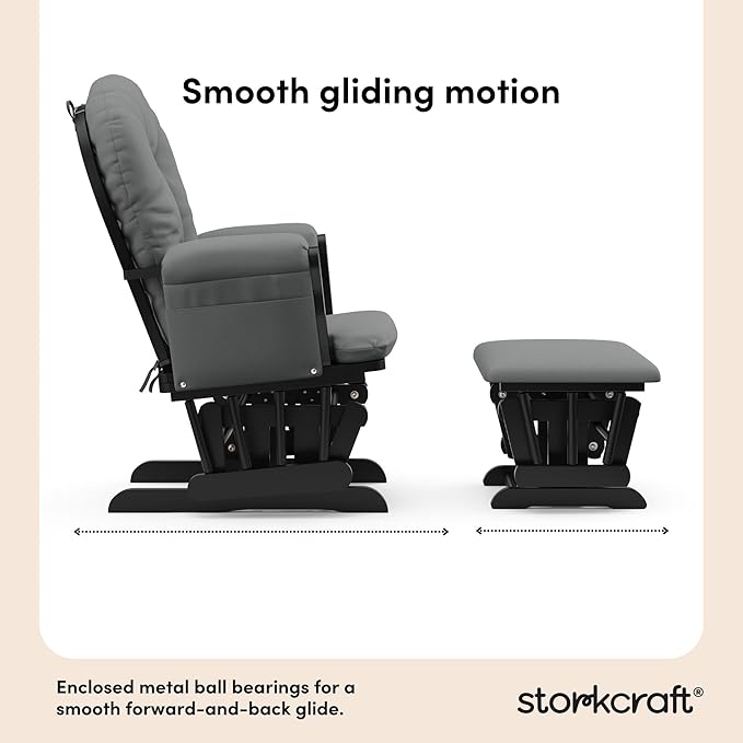 Storkcraft Premium Hoop Glider & Ottoman (Black with Gray) — GREENGUARD Gold Certified, Solid Wood Craftsmanship, Convenient Storage Pockets, Smooth-Gliding Chair for Nursery, Multi-Award-Winning