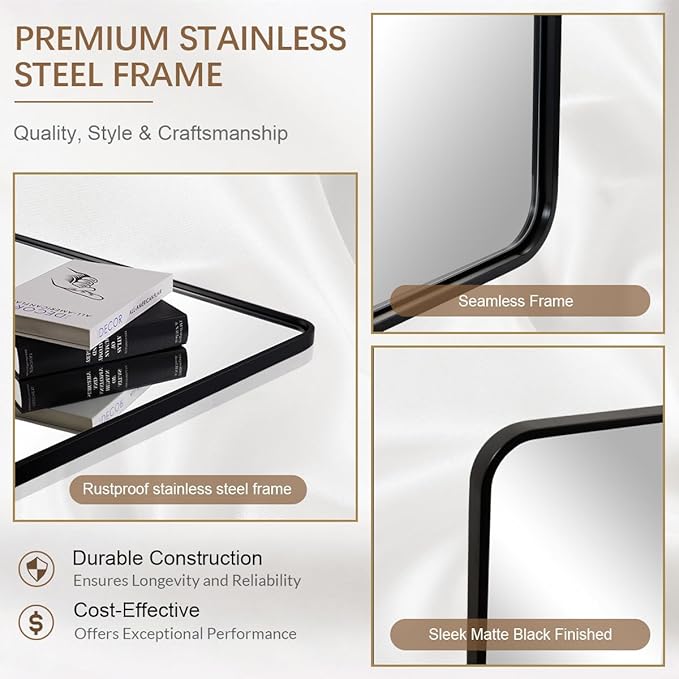 ANDY STAR 36X36 Inch Square Black Bathroom Mirror, Matte Black Vanity Mirrors for Wall, Rounded Square Mirror for Bathroom, Seamless Tube Metal Frame, 1’’ Deep Wall Mounted Vertical/Horizontal