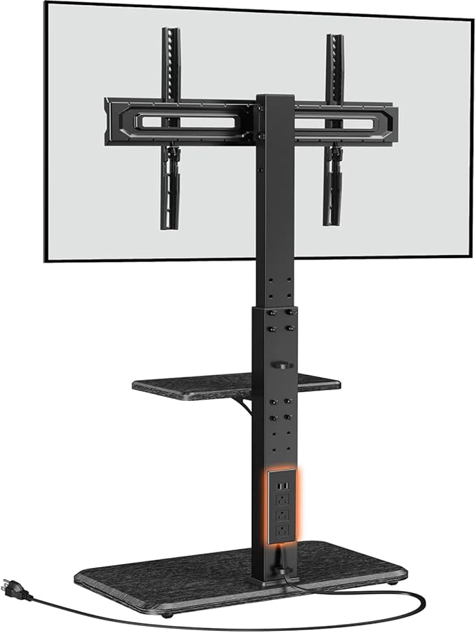 Perlegear Floor TV Stand with Power Outlet, Universal TV Stand for 32-75 inch TVs up to 110 lbs, Height Adjustable Standing TV Mount, Tall TV Mount with Wood Base, Max VESA 600x400mm, PGFS06