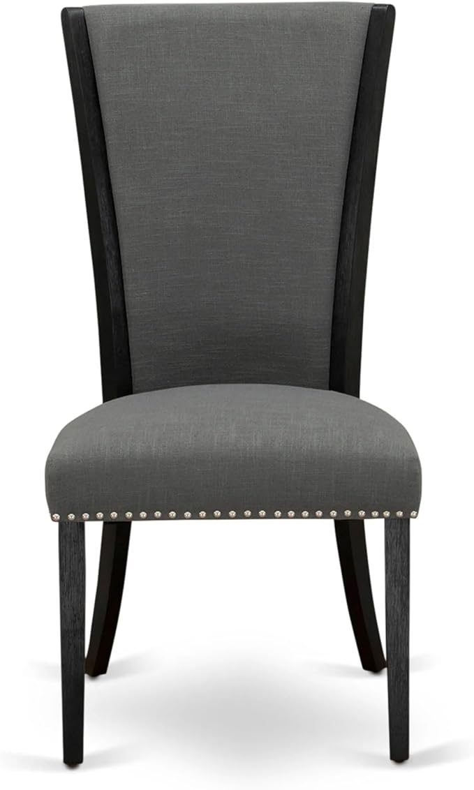 X02VE-2C6-50 - 6-pc Dining Table Set a Kitchen Table with a coffee Table and 2 wooden Benches and 2 Dark Gotham Grey Linen Fabric Chairs, 39x120 Inch, Wire Brushed Black