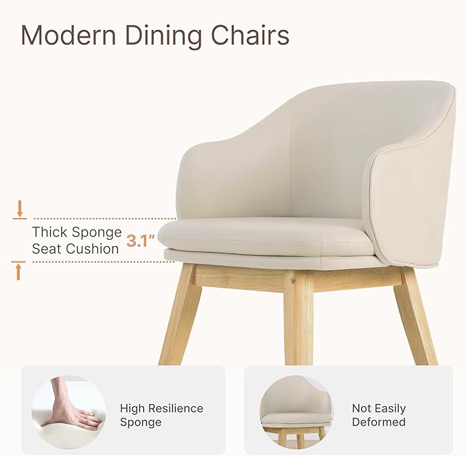 Wooden Dining Chairs Set of 4, Faux Leather Upholstered Modern Dining Room Chairs with Barrel Backrest & Double-Layer Thick Cushion for Living Room, Restaurant, Kitchen and Café, Beige, 2 Boxs