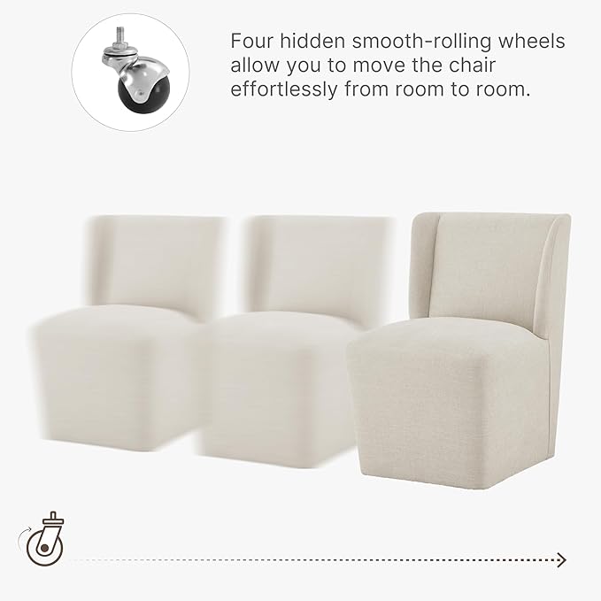 Upholstered Dining Chair with Casters Wingback Modern Side Armless Deskchair with Rollers for Diningroom Bedroom Livingroom Reading Room,Cream Beige,2 Box
