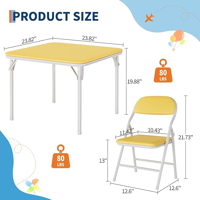IDEALHOUSE 5 Piece Boys Girls Folding Table and Chairs Set, Activity Table and Chairs Set for Dining Room,Daycare,Classrooms