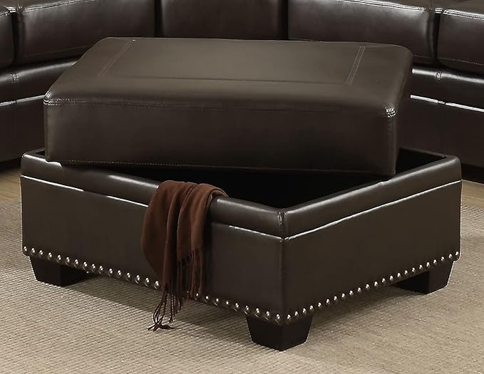 AC Pacific Louis Collection Traditional Upholstered Leather Living Room Piece with Antique Brass Nail Head Trim, Ottoman, Dark Brown