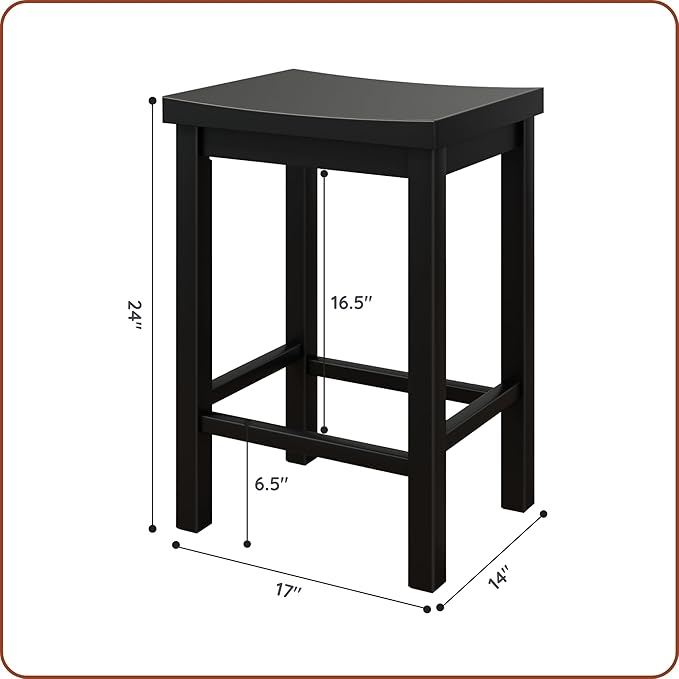 Grain & Grove Smith Collection Set of 2 Solid Wood Counter Height Bar Stools, 24-Inch Saddle Seat Backless Stools, Ideal for Kitchen Island, Dining, or Home Bar Seating, Black