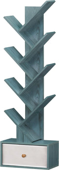 8 Tier Tree Bookshelf with Drawer, Free Standing Wood Bookcase for Narrow Space, Storage Organizer Bookshelves for Books, Book Case for Home Office, Living Room, Bedroom, Navy Blue