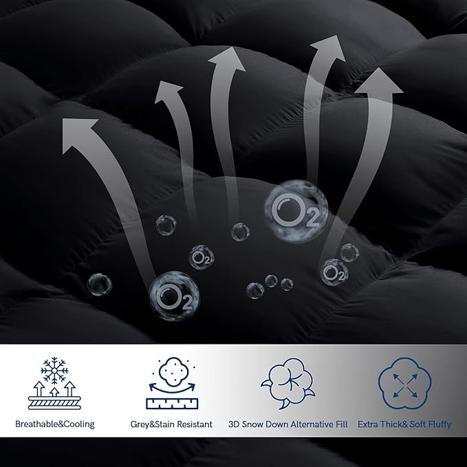 ELEMUSE Full Black Mattress Topper for Back Pain, Extra Thick Mattress Pad Cover, Plush Soft Pillowtop with Elastic Deep Pocket, Overfilled Down Alternative Filling