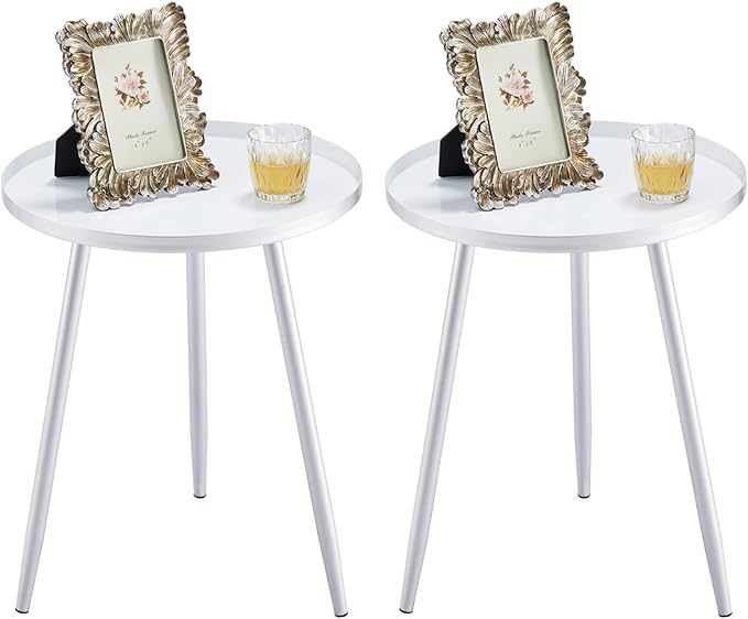 Apicizon 16" Round Side Table Set of 2, Silver Metal End Table for Living Room, Bedside, Mid Century Modern Coffee Table or Circle Accent Table for Small Spaces, Silver and White