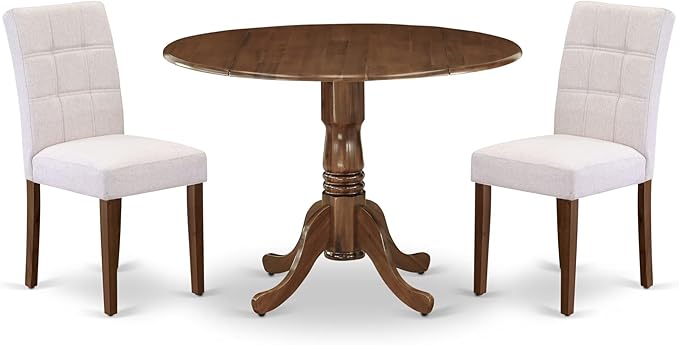 East West Furniture DLAS3-AWA-08 3 Piece Dinner Table Set Includes A Mid Century Modern Table and 2 Mist Beige Polyester Fabric Dinning Chairs, Antique Walnut