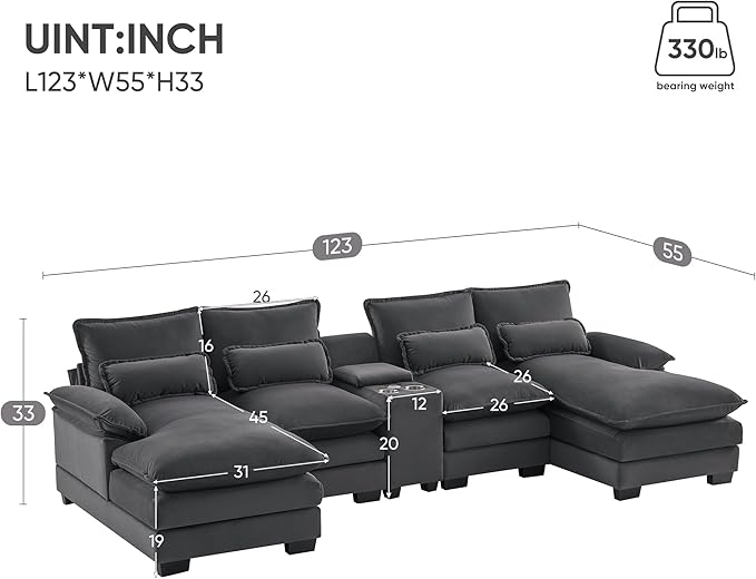 Merax U-Shaped Sectional Sofa with Cupholders, Console and USB Charging Ports, 6-seat Velvet Upholstered Sleeper Couch with Symmetrical Chaise for Living Room, Apartment, 123", Gray