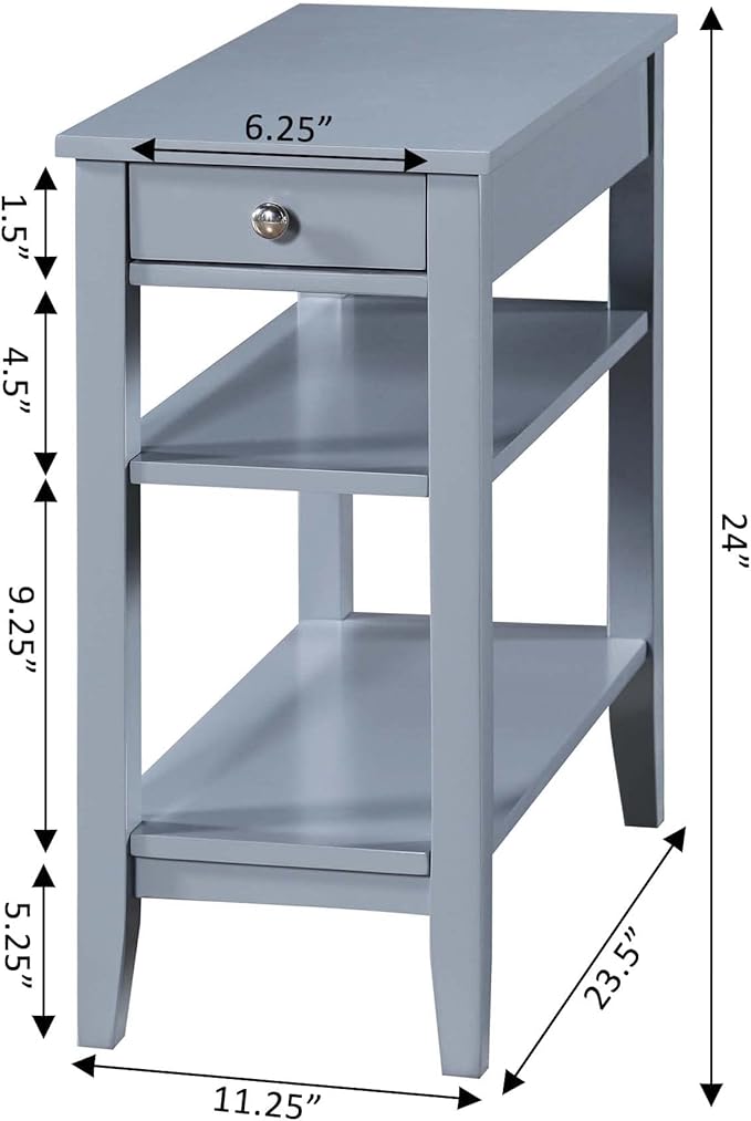 Convenience Concepts American Heritage Chairside End Table with Drawer 23.5" - Classic Living Room Table with Storage Shelf, Bedroom Nightstand, Gray