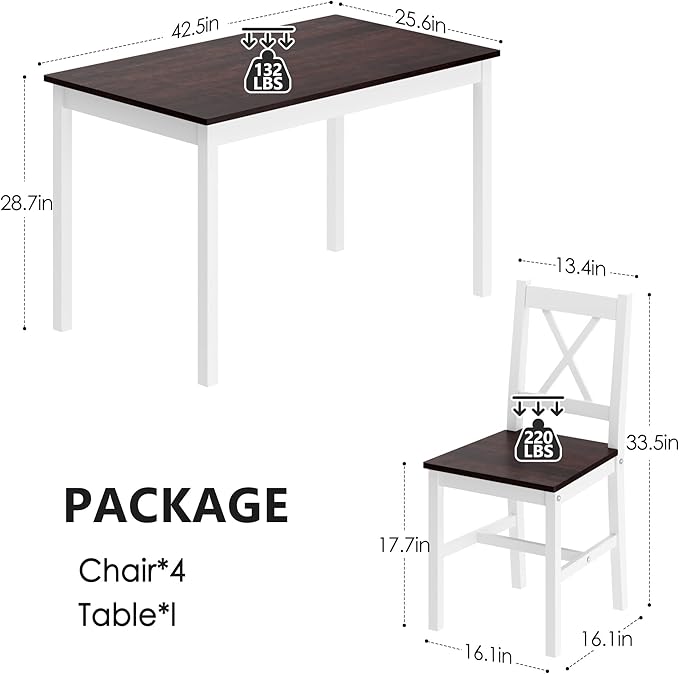 Sogesfurniture Dining Table Set for 4, 42.5" Pine Wood & Walnut Vintage Style, 5 Pieces, Space Saving, Easy Assembly