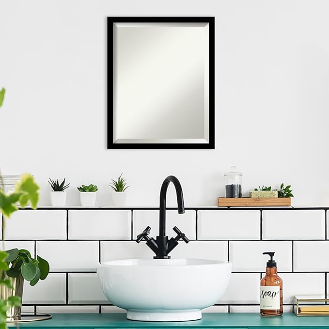 Amanti Art Black Bathroom Mirror for Over Sink, 22x18 Jet Black Rectangle Vanity Mirror, Small Modern Contemporary Frame, Hangs Horizonally and Vertically, Bathroom Wall Decor, Beveled Edge