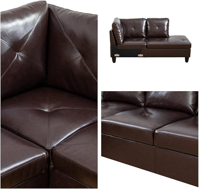 Modular Leather Sectional Couch, L Shaped Couch with Storage, Convertible Sofa with Ottomans, Modern Sectional Sofa for Living Room and Office, 5 Seat, Brown