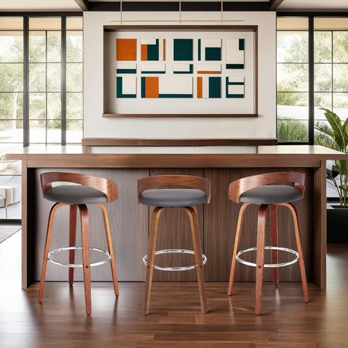 Armen Living Sonia 30" Bar Height Swivel Gray Faux Leather and Walnut Wood Bar Stool