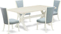 East West Furniture X027VE215-5 5 Piece Kitchen Table & Chairs Set Includes a Rectangle Dining Room Table with X-Legs and 4 Baby Blue Linen Fabric Parsons Chairs, 40x72 Inch, Multi-Color