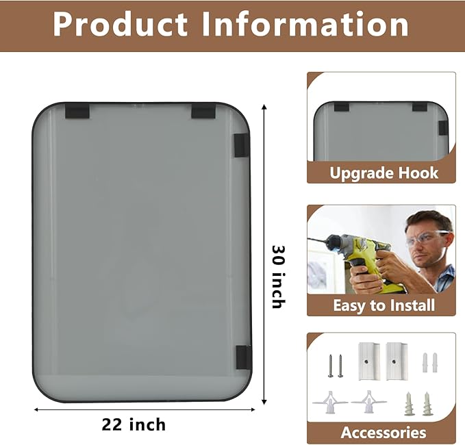 Matte Black Mirror, 22"x30" Rectangle Bathroom Mirror, Metal Frame Rectangle Corner Vanity Mirror, Wall Mounted Mirror for Modern, Living Room, Bedroom, Horizontal Or Vertical