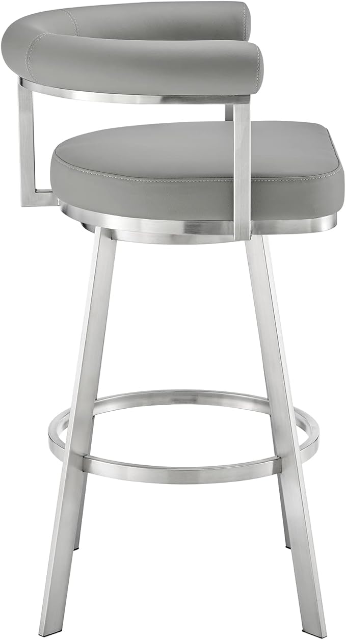 Armen Living Magnolia Swivel Bar Stool in Brushed Stainless Steel with Light Grey Faux Leather