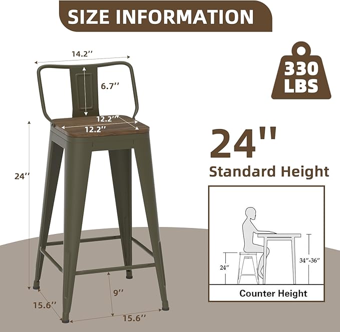 24 Inch Swivel Bar Stools Set of 4, Counter Height Bar Stools with Low Back, Metal Industrial Bar Chairs for Kitchen Island (Rusty)