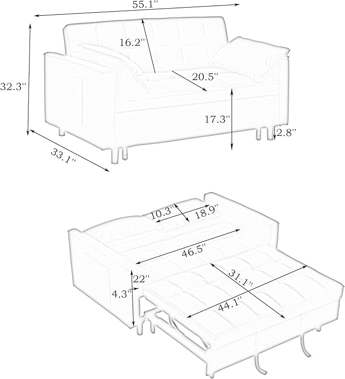 Ball & Cast Convertible Sofa Bed,Pull Out Loveseat Sleeper Sofa,Convertible Pull Out Couch W/ 2 Pillows,Adjustable Backrest & Side Pocket,Corduroy Futon Couches for Living Room,Apartment,Beige,54"