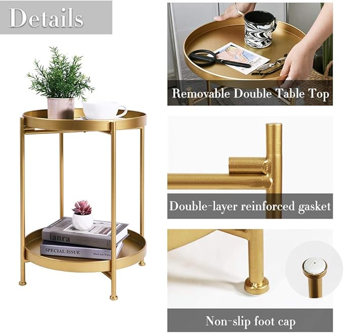 Tiita Round End Table Mental 2-Tier Side Table Nightstand/Small Iron Tables Accent Coffee Table for Living Room Bedroom Office Small Space