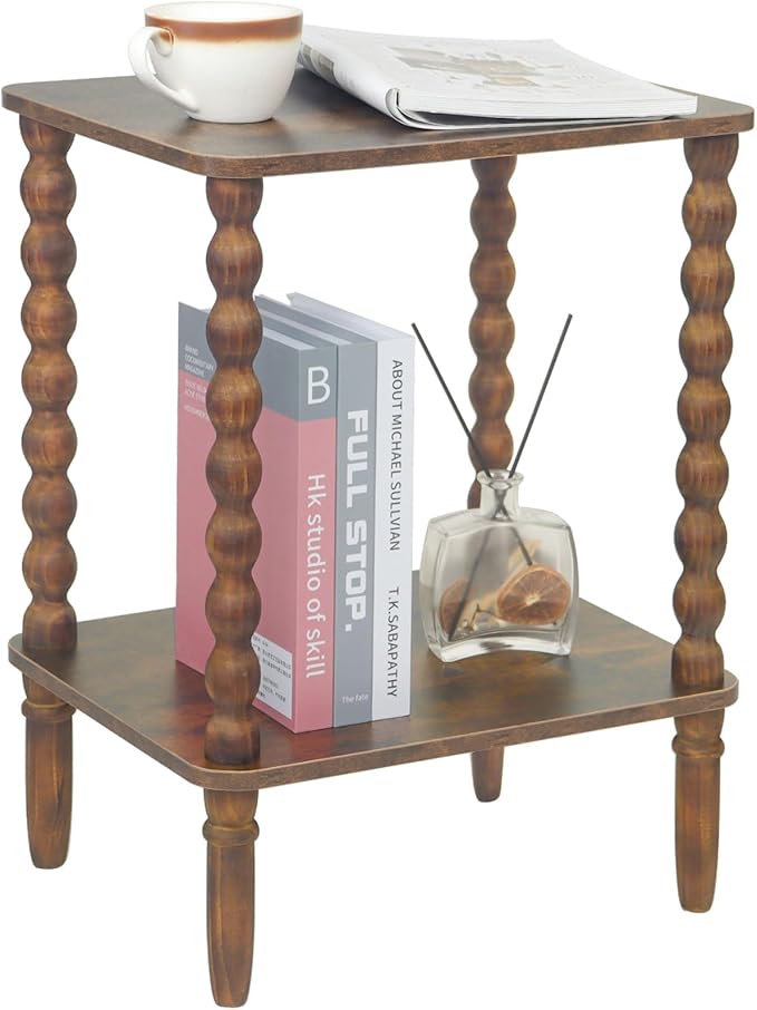 Side Table, Small End Table with Storage Shelf, 2-Tier Small Coffee Tables Living Room for Bedroom, Narrow Spaces (Rustic Brown)