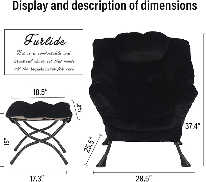 Lazy Chair with Ottoman, Modern Chair with Folding Footrest, Lounge Accent Chair, Comfortable Reading Chair for Bedroom, Study, Living Room, Small Space (Plush Black)