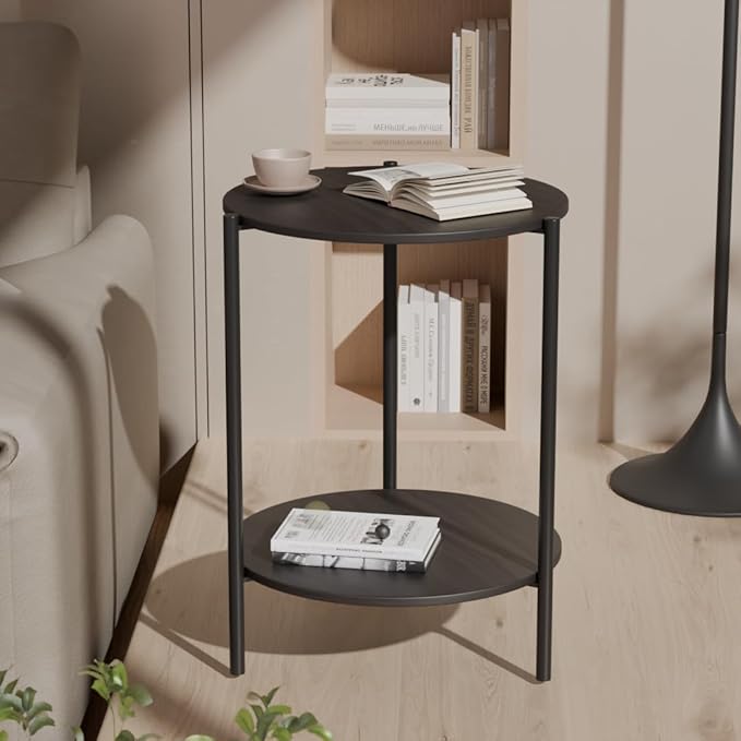 Side Table, Round End Table with 2-Layer Storage Rack, 15.7" Small Spaces Circle Table, Metal Frame Design Small Side Tables, for Living Room, Bedroom, Grey