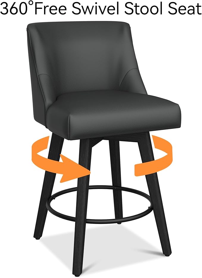 Counter Height Bar Stools Set of 6, Modern Swivel Barstools with Back and Wood Legs, Faux Leather Upholstered Bar Chairs, 26" H Kitchen Counter Stools, Kitchen Island Home Bar, Black Grey