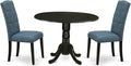 East West Furniture DLCE3-BLK-21 3 Piece Dining Table Set Contains a Round Dining Room Table with Dropleaf and 2 Mineral Blue Linen Fabric Upholstered Chairs, 42x42 Inch, Black