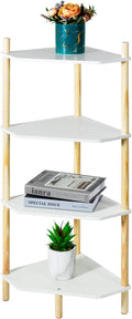 LITA Modern Wood Side Table, Triangular Accent End Table Plant Night Stand with Magazine Storage for Bedroom, Living Room, Bathroom, White, 4- Tier