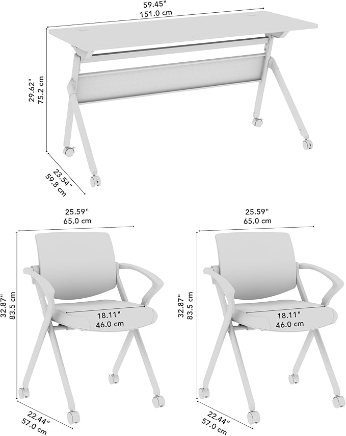Bush Business Furniture Folding Training Table Set for 2, 60 inch, 2 Mesh Back Folding Chairs with Arms, Commercial-Grade Bundle for Office or Classroom, Envision Collection, White
