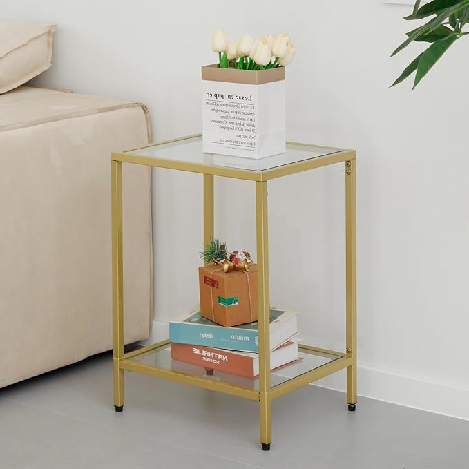 Modern 2-Tier Tempered Glass End Table - Stylish Black Metal Side Table for Small Spaces, Perfect for Living Room & Bedroom (Gold, 2PCS)