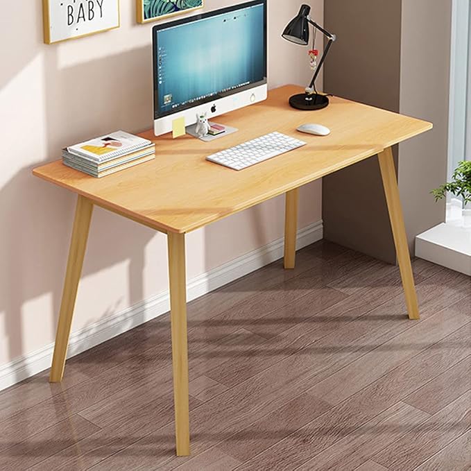 IOTXY Simple Wooden Writing Desk - Modern Minimalist Style PC Laptop Computer Workbench with Solid Wood Legs, 39" W Home Office Work Table for TV Stand Music Video Live Broadcast Workstation, White