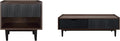 Manhattan Comfort Duane Mid Century Modern Ribbed Nightstand and Coffee Table with Storage, Living Room Furniture with Cabinet, Shelves and Iron Metal Feet, Set of 2, Black