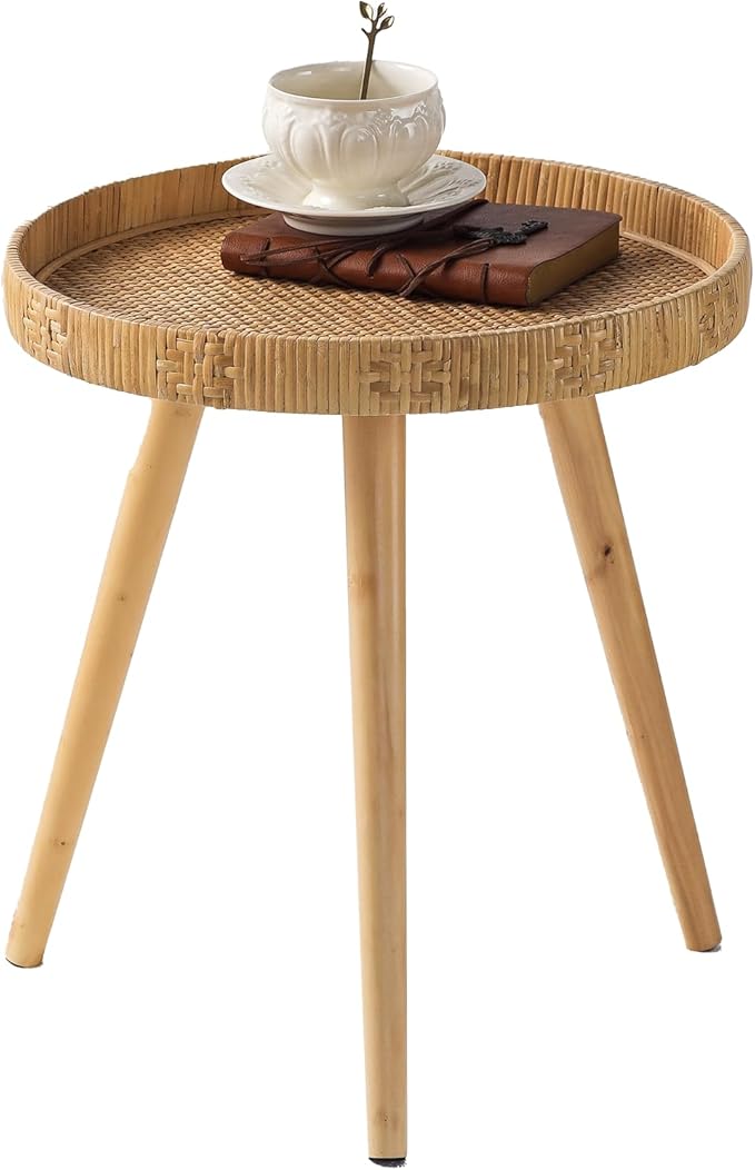 Round Rattan Side Table for Small Spaces, Boho Circle End Table Coffee Table with Solid Wood Leg for Living Room, Bedroom, Corners