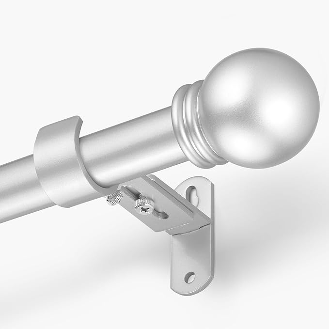 Curtain Rods for Windows 16 to 48 Inches, Curtain Rod Max Adjustable Length of 60 IN, 6/8" Diameter Drapery Rods Round Finials, Satin Silver, Pack of 1