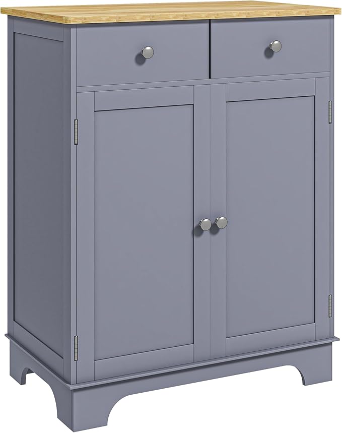 HOMCOM Sideboard with Solid Wood Countertop, Modern Kitchen Storage Cabinet, Coffee Bar Cabinet with 2 Drawers, Doors and Adjustable Shelf, Gray