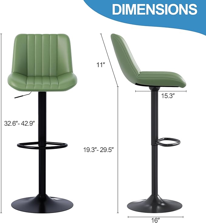 Shintenchi Swivel Bar Stools Set of 4, Adjustable Faux Leather Upholstered Swivel Counter Stools, Armless Bar Height Island Chairs with Back and Footrest, Green
