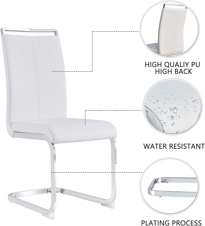 Dining Chairs Set, Kitchen Modern Metal Chairs with Faux Leather Padded Seat High Back and Sturdy Chrome Legs, Chairs for Dining Room (White, Set of 6)