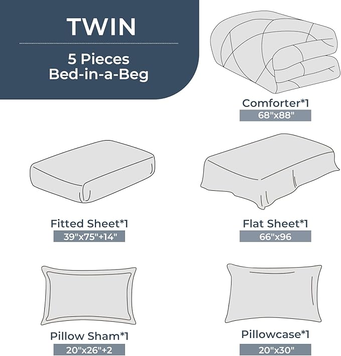 HEVUMYI Twin Comforter Set - 5-Piece All Season Bed in a Bag Twin, Ultra Soft Bedding Set with Comforter, Flat Sheet, Fitted Sheet, Pillowcases, Pillow Shams, Greyish Blue