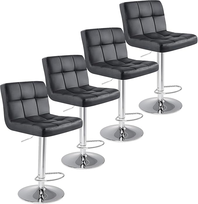 Sweetcrispy Bar Stools Set of 4, Armless PU Leather Adjustable Swivel Barstools, Hydraulic Kitchen Counter Height Thickened Seat Cushion Square Island Countertop Chairs with Back - Modern Black